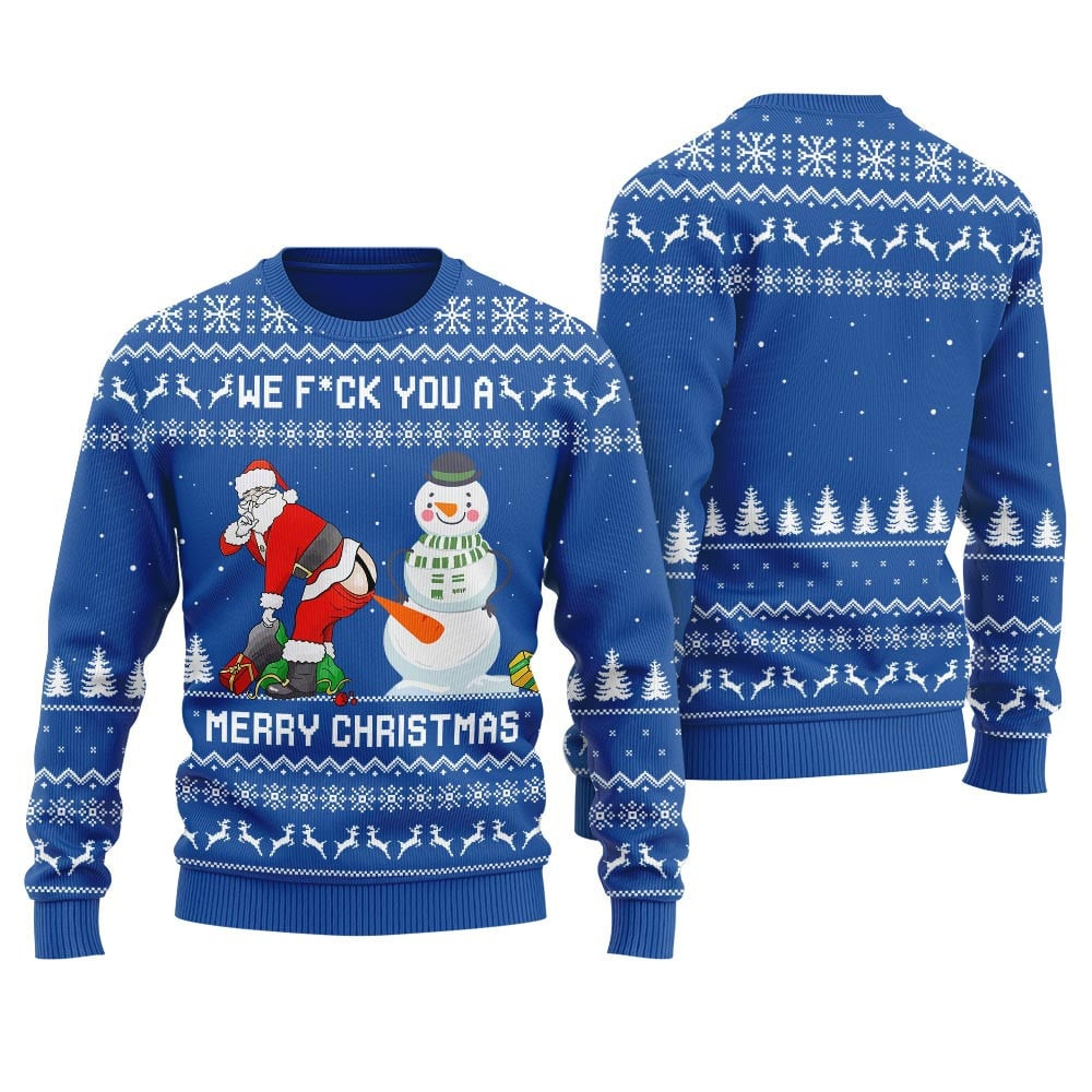 Snowman Stick a Carrot Up Santa’s Asshole Ugly Christmas Sweater Blue