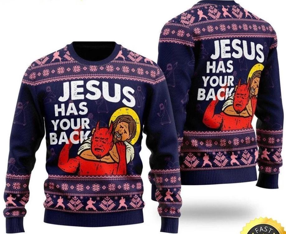 Funny Jesus Has Your Back Ugly Christmas Sweater