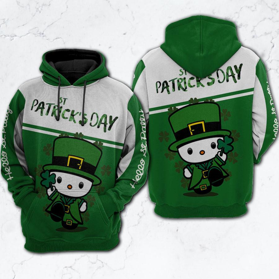 Hello Kitty Happy Patrick’s Day Gift, Kitty Leprechaun And Shamrocks Hello And Patty Aop Hoodie, Zip Hoodie, Fleece Jacket