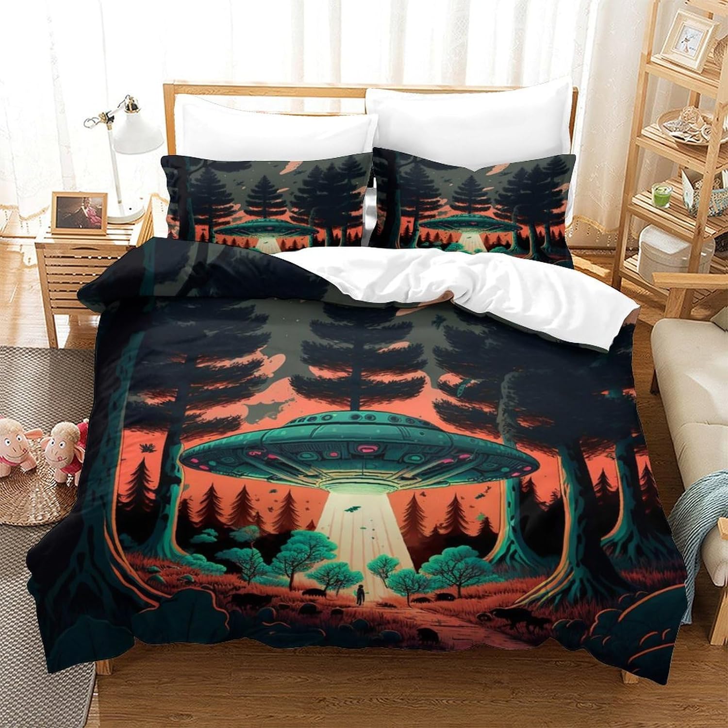 UFO Bedding Set UFO Kidnap Animal In Forest Duvet Covers