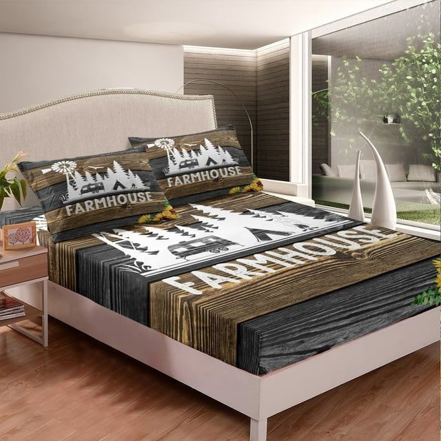 Camping Bedding Set Old Barn Door Farmhouse Wood Pattern Duvet Covers Brown