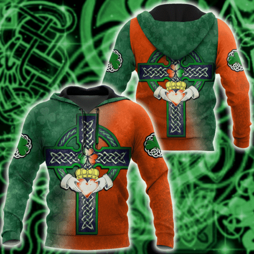 Irish St Patrick Irish Celtic Cross Hold Hear All Over Print Hoodie