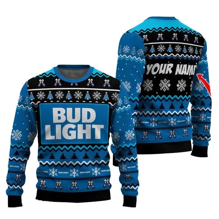Personalized Bud Light Pine Tree Snowing Ugly Christmas Sweater