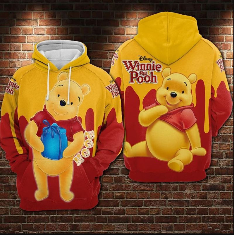 Winnie The Pooh Holding Honey Pot Red & Yellow Over Print 3d Hoodie Zip Hoodie