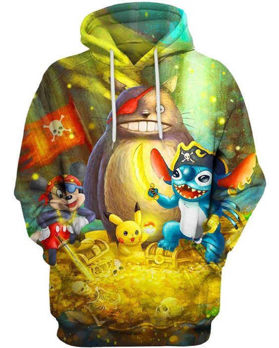 Pirates Totoro Mickey Pikachu Stitch 3D All Over Print Hoodie & Zip Hoodie