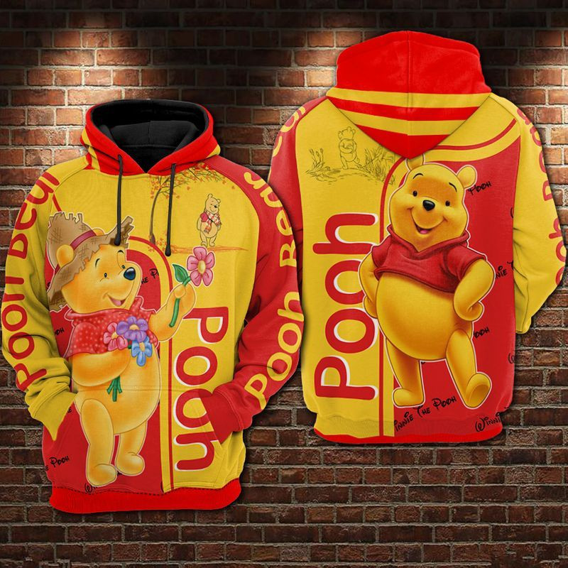 Pooh Bear Red & Yellow Over Print 3d Hoodie Zip Hoodie