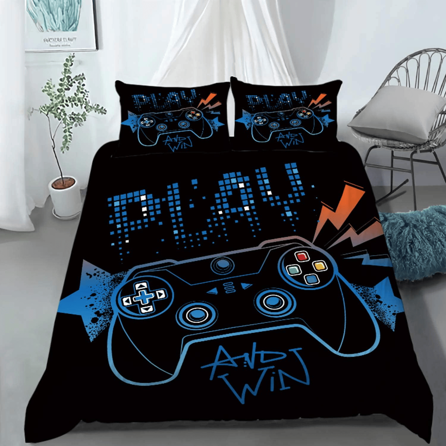 Game Bedding Set Play And Win Game Controller Duvet Covers Black