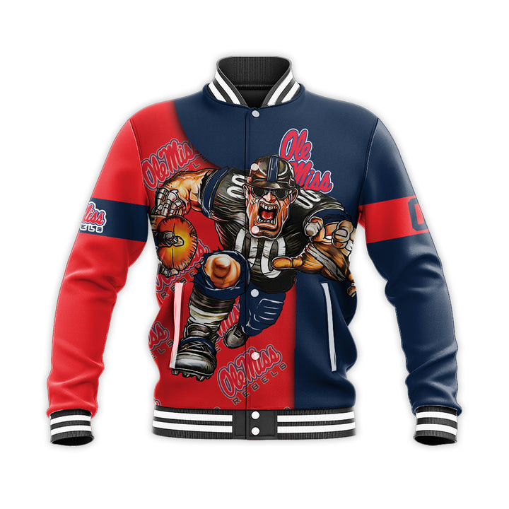 Ole Miss Rebels Custom Number Red Blue Baseball Jacket V2