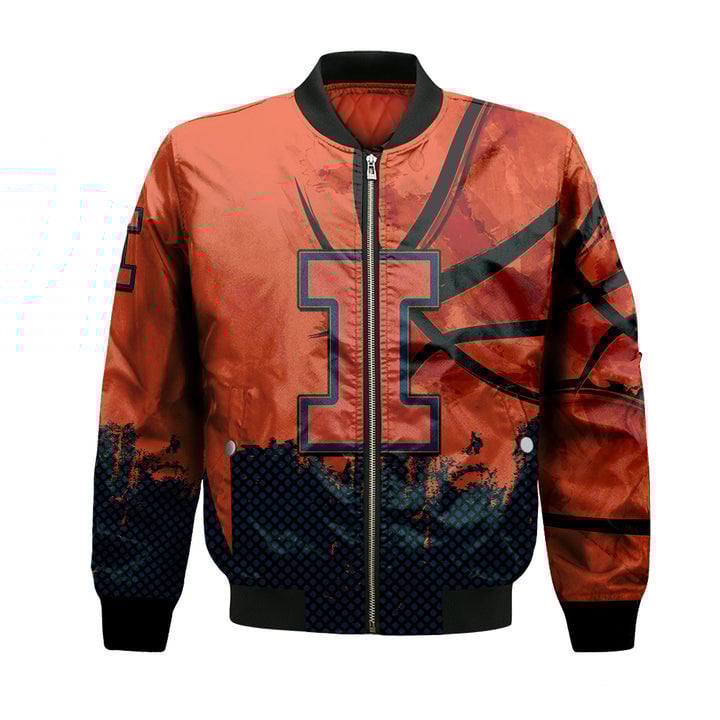 Illinois Fighting Illini Custom Text Number Orange Blue Bomber Jacket V2