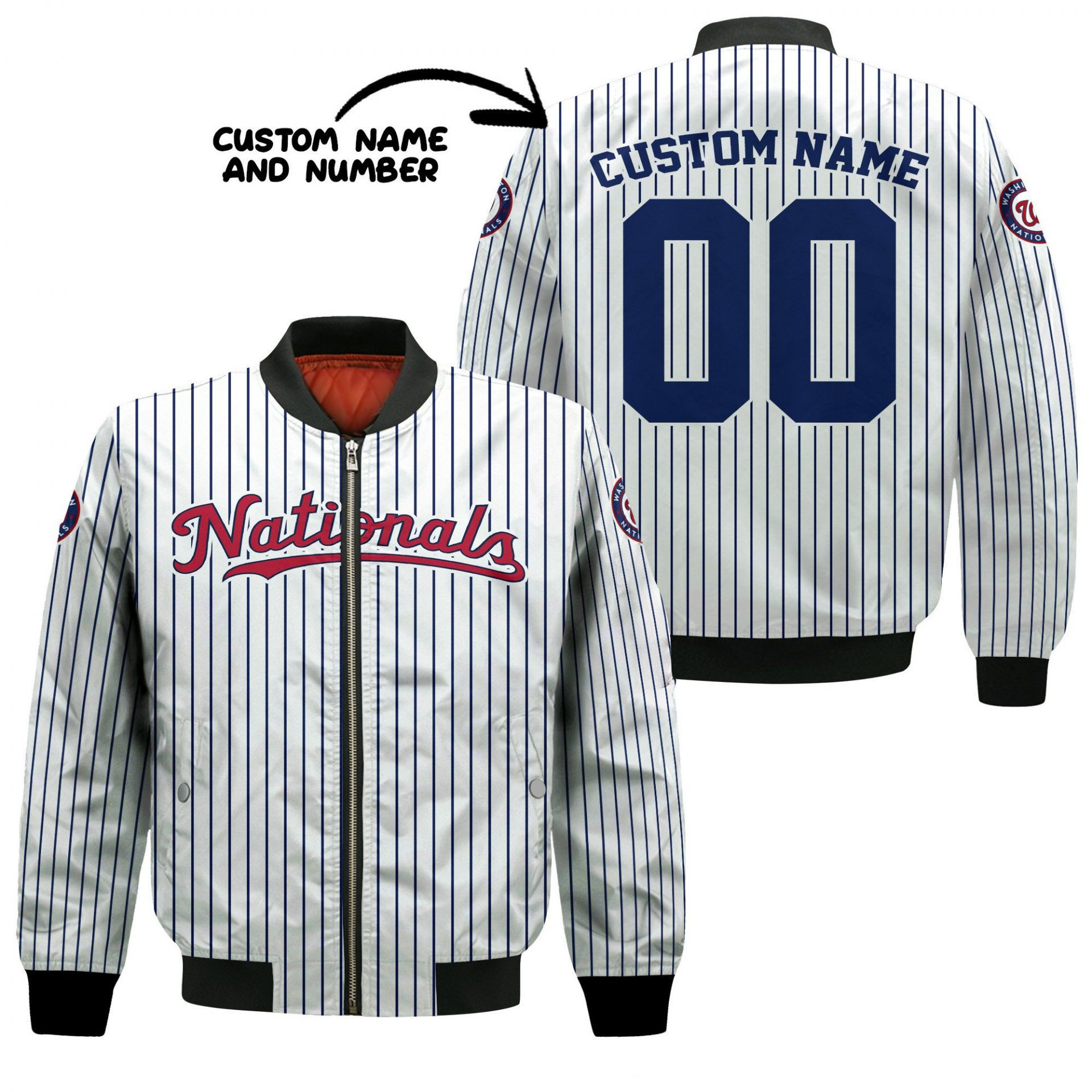 Washington Nationals Custom Name Number Uniform Stripes Bomber Jacket