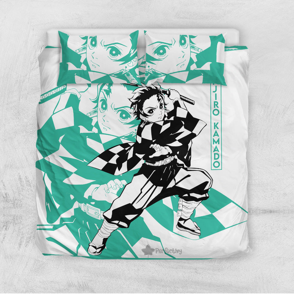 Demon Slayer Bedding Set Tanjiro Kamado Fighting Scene Duvet Covers Green