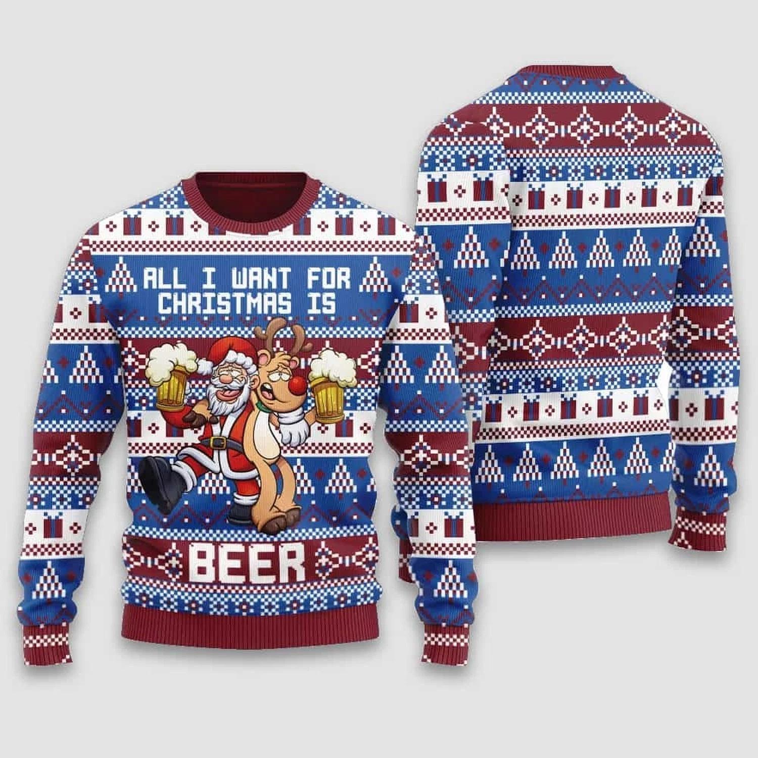 Santa Dog All I Want For Christmas Is Beer Ugly Christmas Sweater