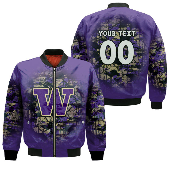 Washington Huskies Custom Text Number Purple Gold Bomber Jacket V5