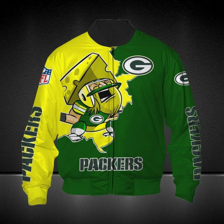 Green Bay Packers Yellow Green Cartoon Bring Chesse Bomber Jacket