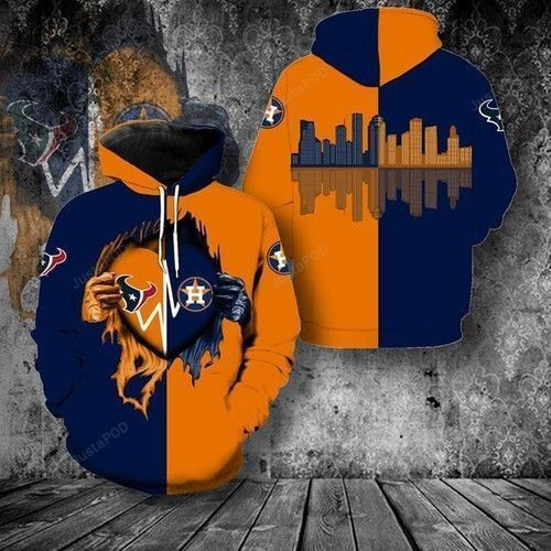 Texas Longhorns Houston Astros Heartbeat Love Ripped 3D All Over Print Hoodie & Zip Hoodie