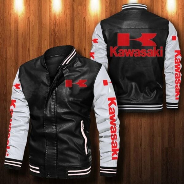 Kawasaki Motorcycle Logo Leather Bomber Jacket 22