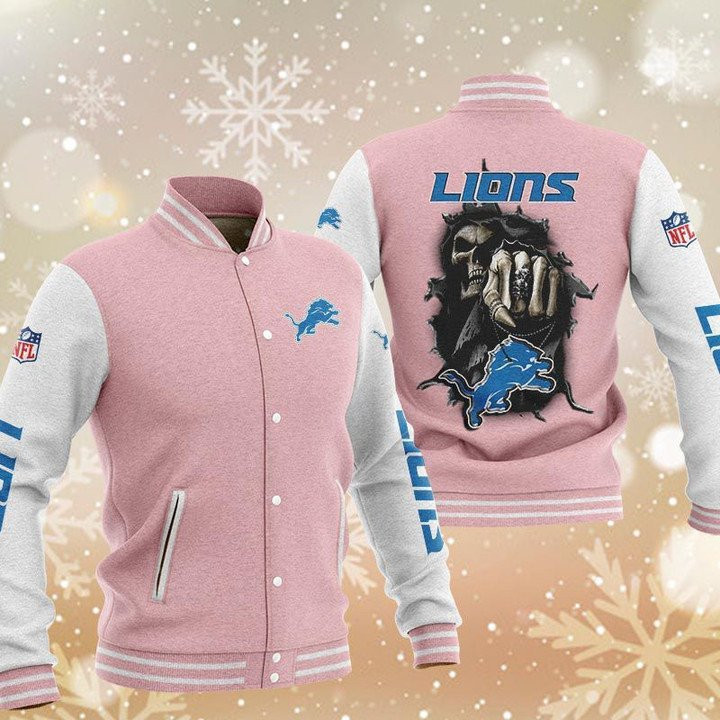 Detroit Lions Pink Skull Baseball Jacket