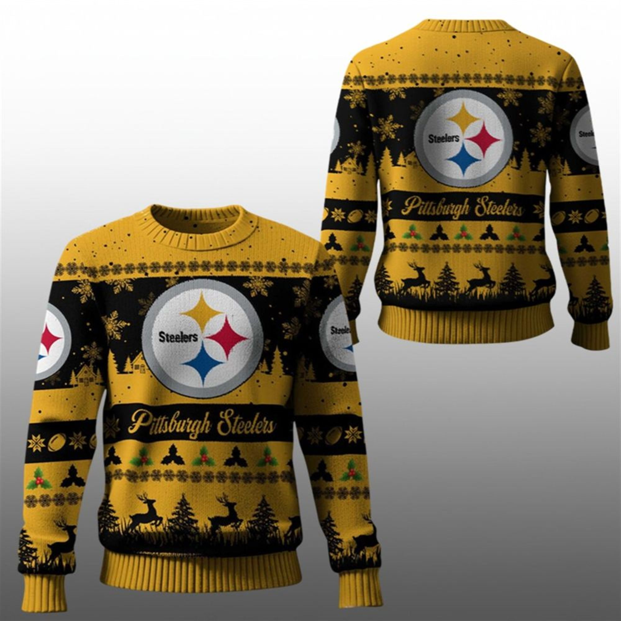 2025 Christmas Steelers Festive Reindeer Tree Ugly Sweater