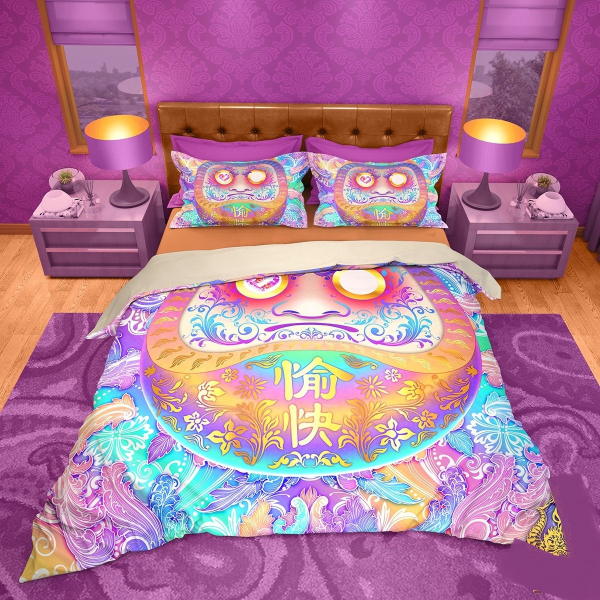 Japan Bedding Set Floral Patterned Daruma Graphic Duvet Covers