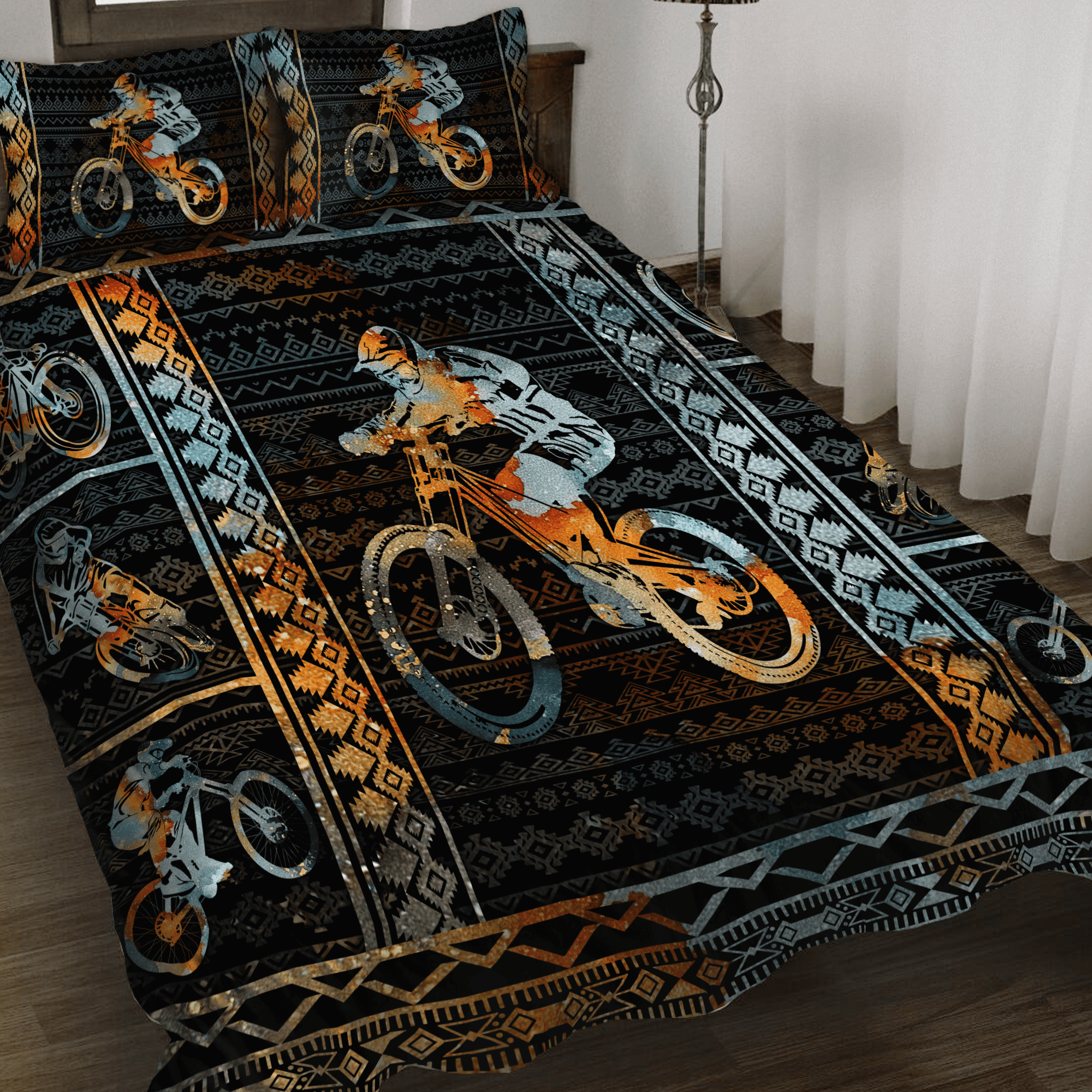 Bicycle Bedding Set Mountain Biking Tribal Pattern Duvet Covers Black