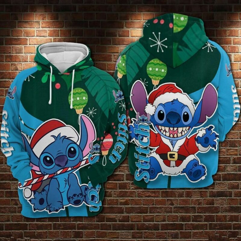 Stitch Marry Christmas Cartoon Lilo & Stitch Blue Over Print 3d Hoodie Zip Hoodie