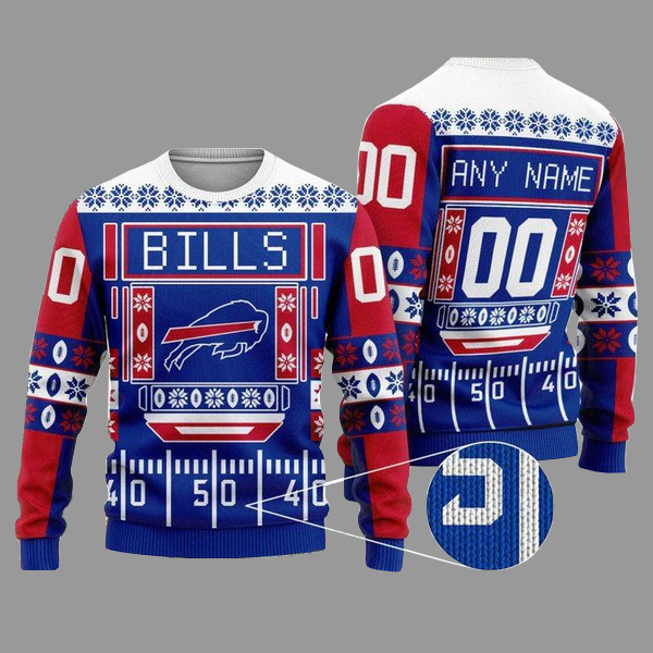Custom Name Number Football League Buffalo Bills Playing Field Ugly Christmas Sweater 2025