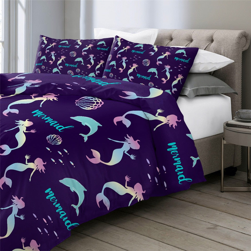 Mermaid Bedding Set Mermaid Dolphin Shell Silhouette Pattern Duvet Covers