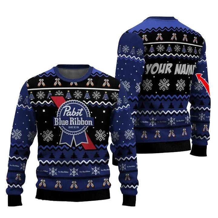 Personalized Pabst Blue Ribbon Pine Tree Snowing Ugly Christmas Sweater