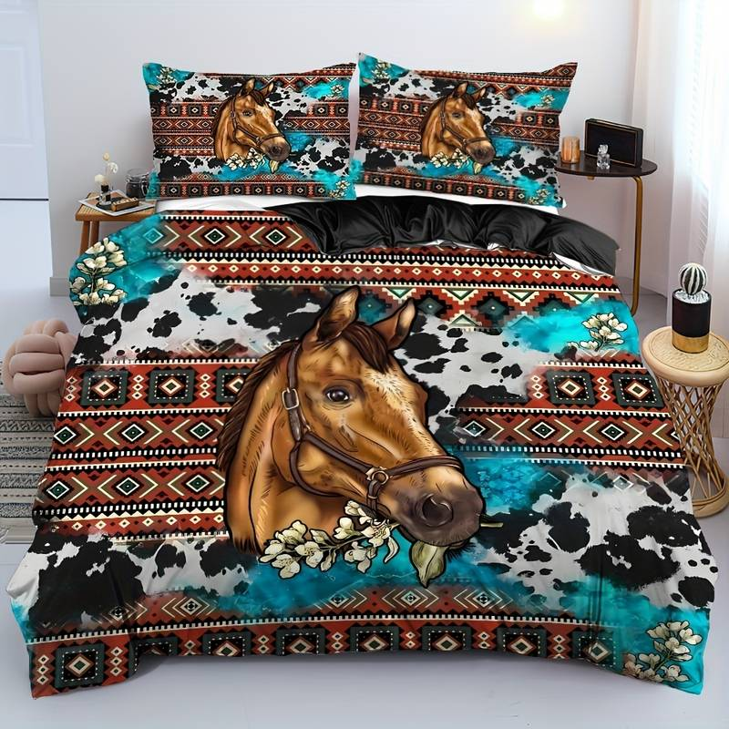 Horse Bedding Set Horse Graphic Bohemian Leopard Pattern Duvet Covers
