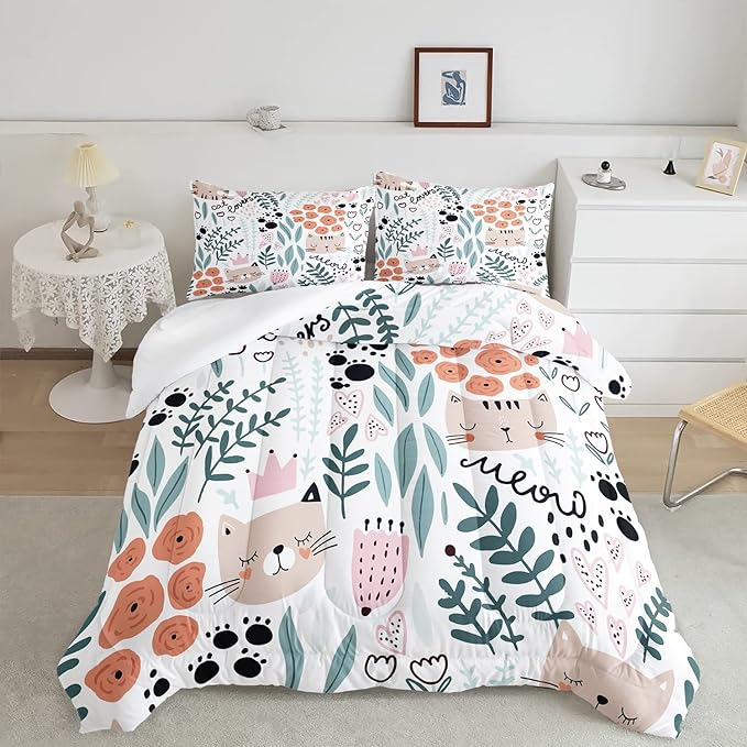 Cat Bedding Set Meow Cat Flower And Leaves Pattern Duvet Covers
