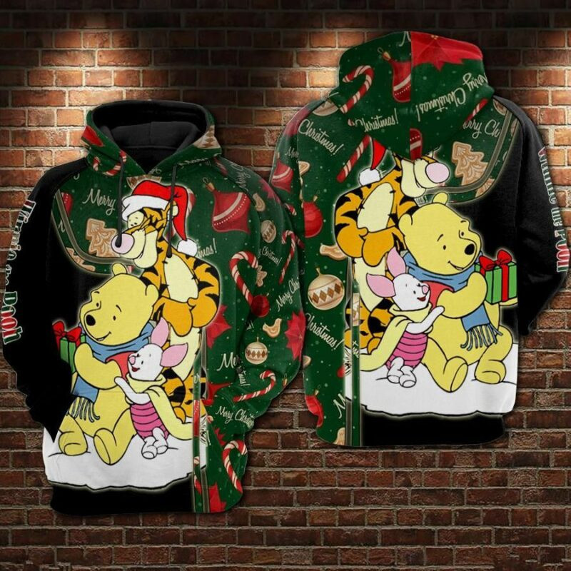 Winnie The Pooh Marry Christmas Over Print 3d Hoodie Zip Hoodie