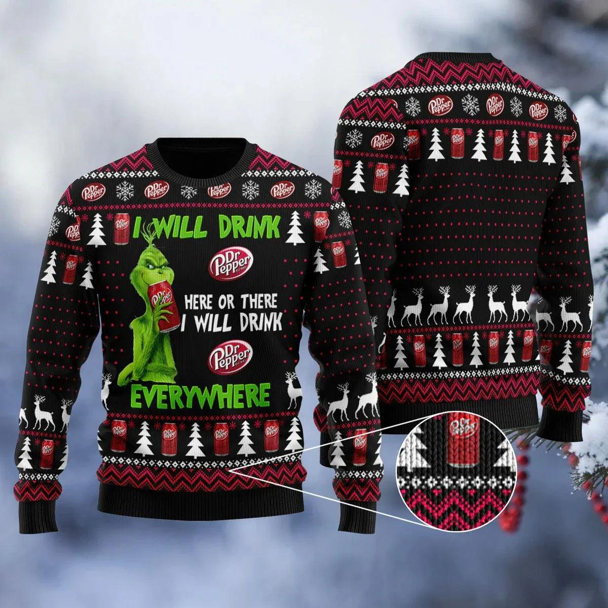 Dr Pepper Grinch Will Drink Everywhere Ugly Christmas Sweater