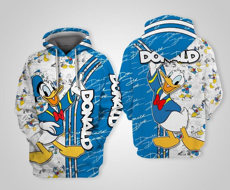 Donald Duck Cartoon, Donald Duck Signature, Donald Comics Book Patterns All Over Print Hoodie, Zip Hoodie