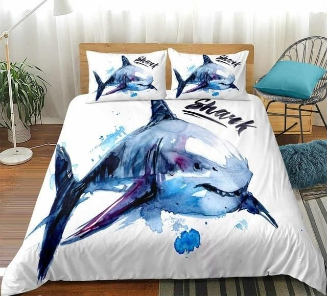 Shark Bedding Set Watercolor Drawing Shark Graphic Duvet Covers White