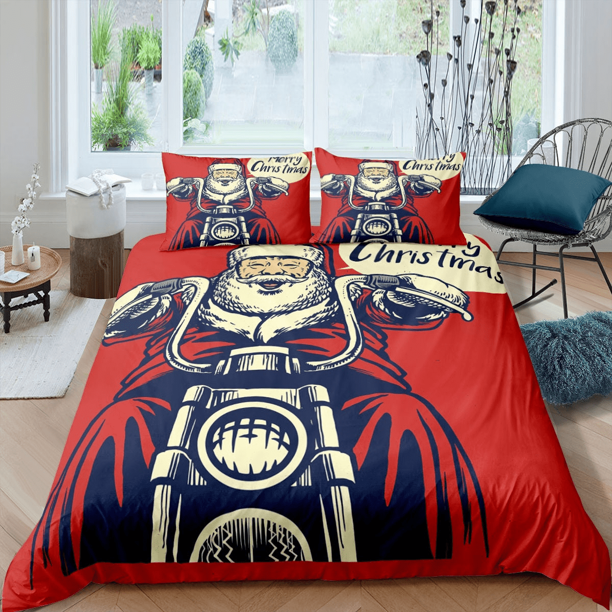 Motorcycle Bedding Set Santa Claus Riding A Motorcycle Duvet Covers