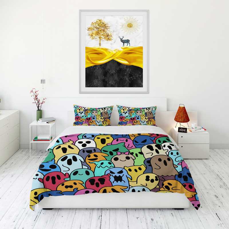 Halloween Bedding Set Cute Cartoon Ghost Doodle Pattern Duvet Covers