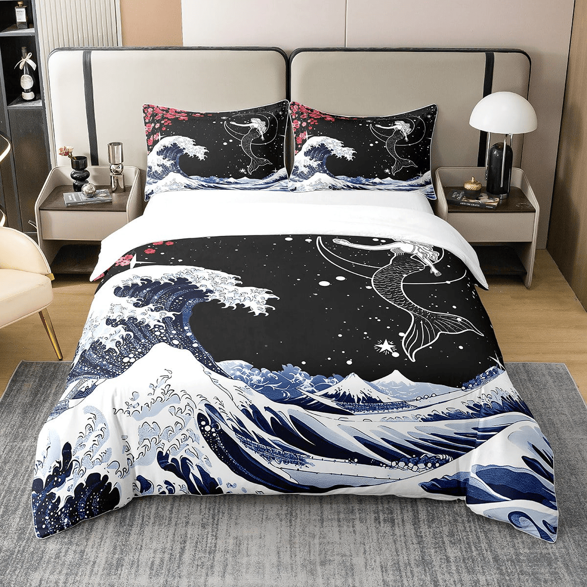 Mermaid Bedding Set Mermaid And The Great Wave Duvet Covers Black