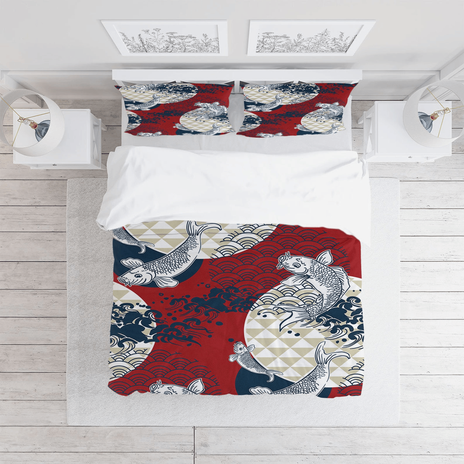 Japan Bedding Set Japanese Traditional Koi Fish Art Duvet Covers Red