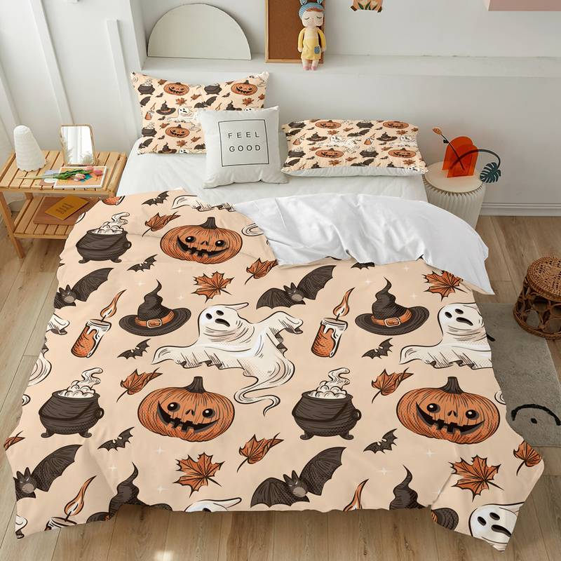 Halloween Bedding Set Pumpkin Ghost Bat Witch Hat Pattern Duvet Covers