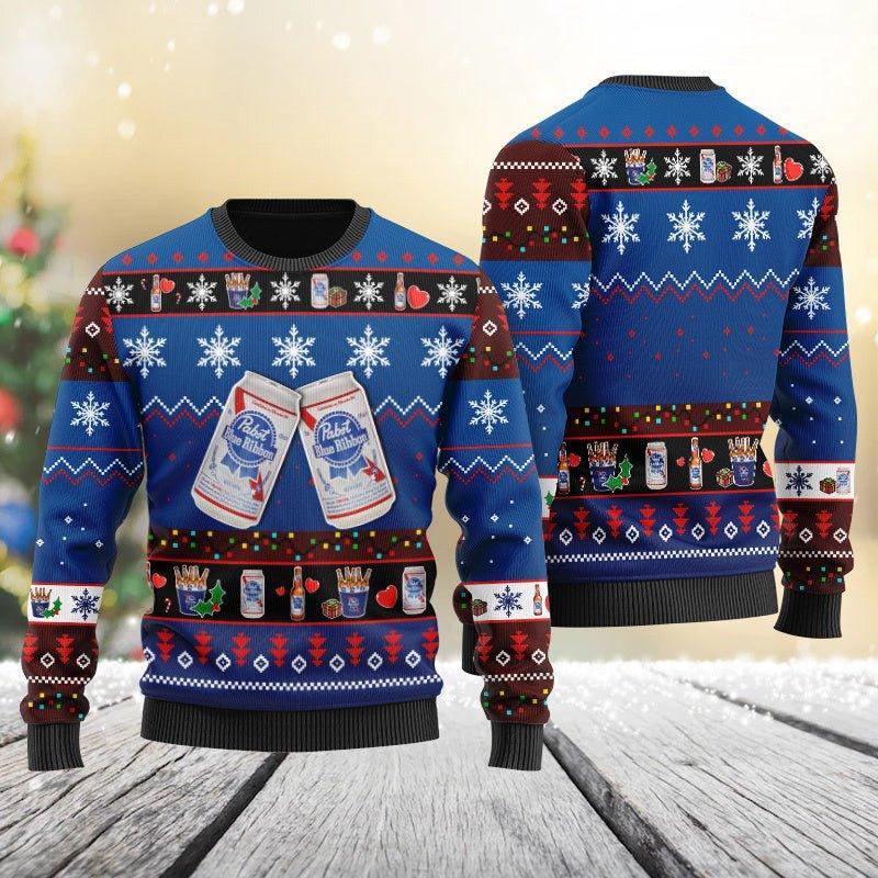 Pabst Blue Ribbon Snowflakes Ugly Christmas Sweater