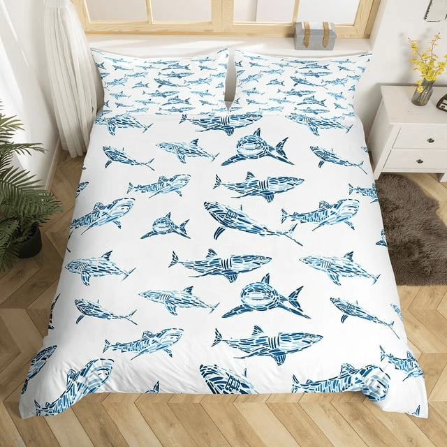 Shark Bedding Set Watercolor Cartoon Sharks Pattern Duvet Covers White