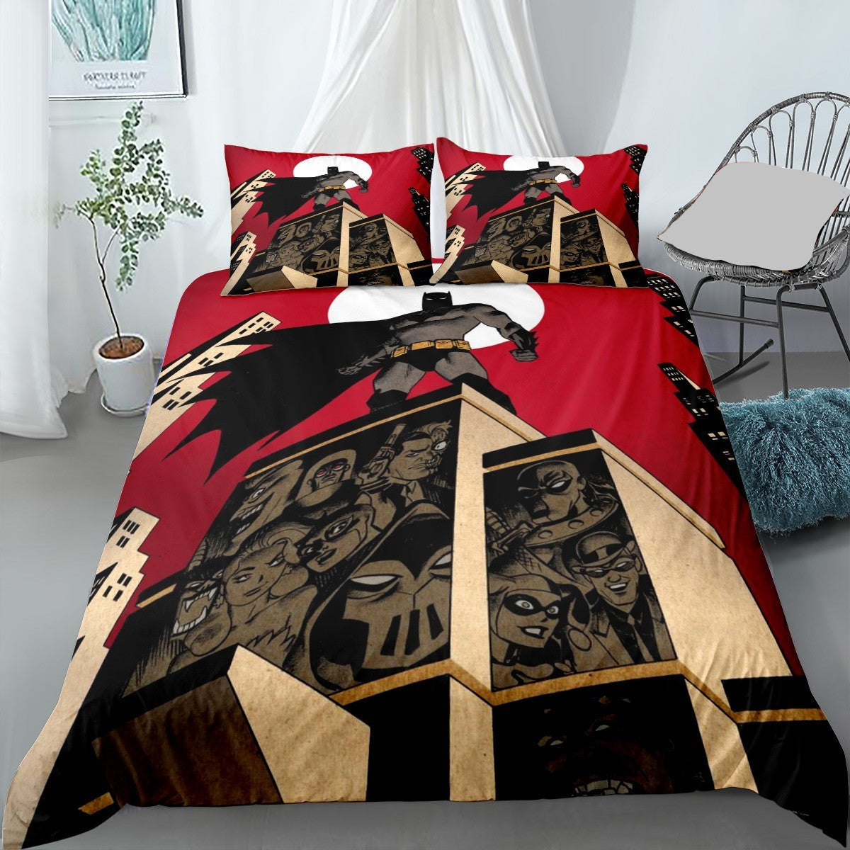 Batman Bedding Set DC Batman On Rooftop Duvet Covers Red