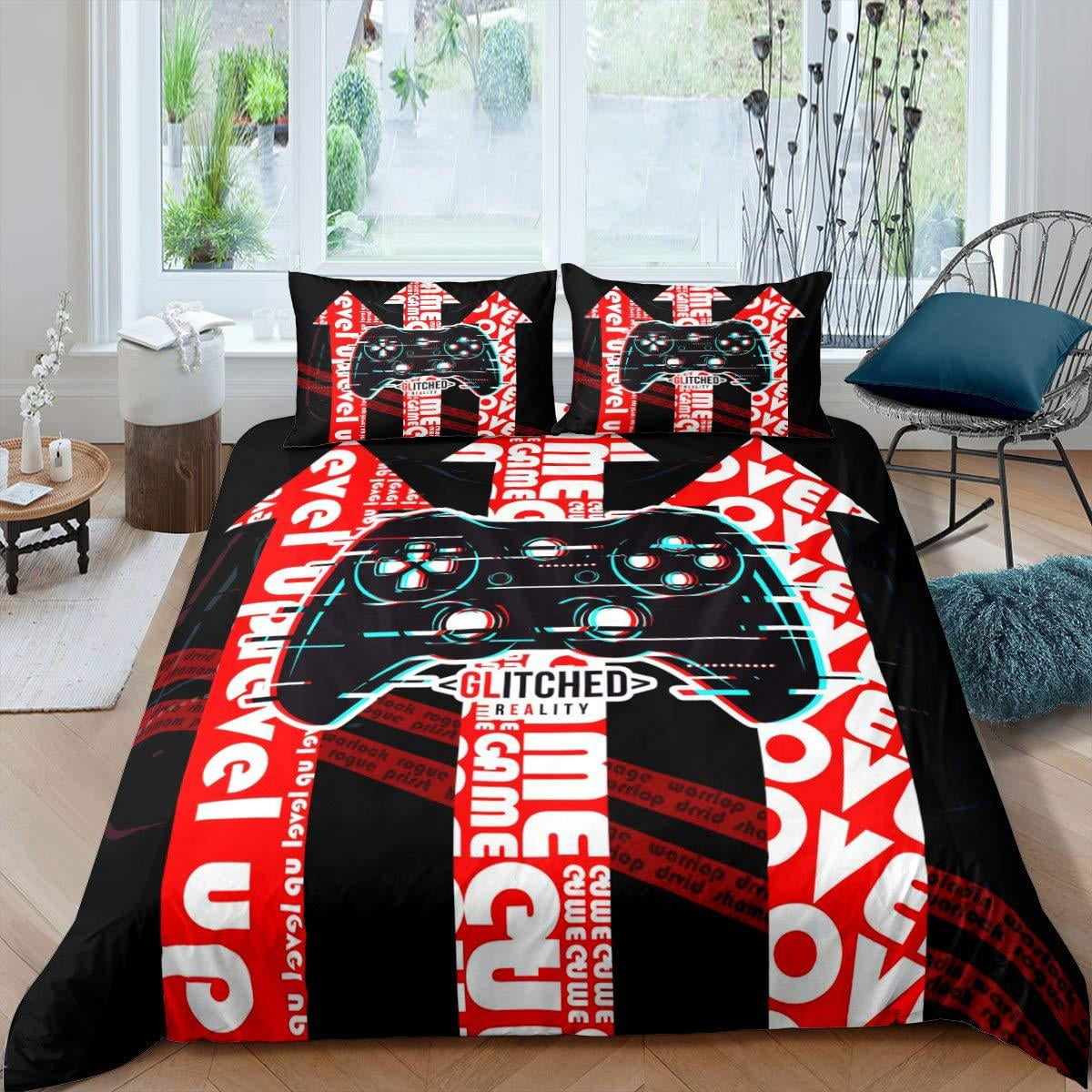Game Bedding Set Game Controller Glitched Reality Duvet Covers Black