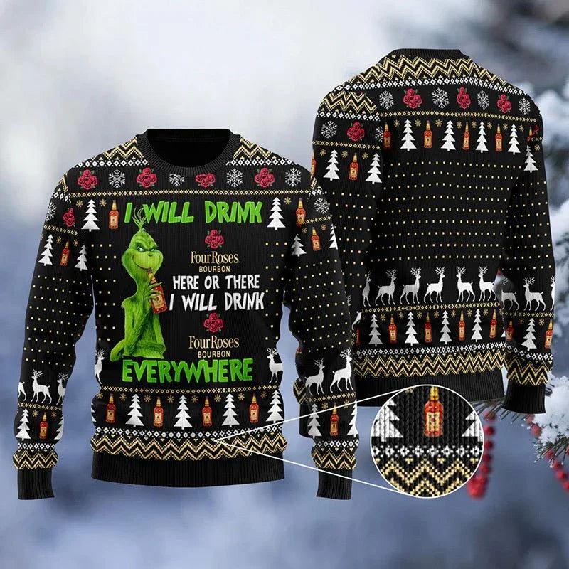 Four Roses Grinch Will Drink Everywhere Ugly Christmas Sweater