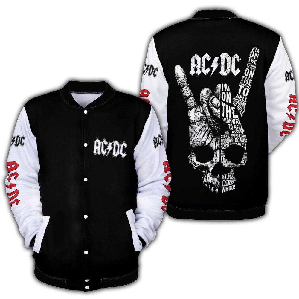 Ac/dc Music Band Fan Gift, Acdc Highway To Hell Gift, Ac/dc Skull Rock Hand Sign Baseball Jacket