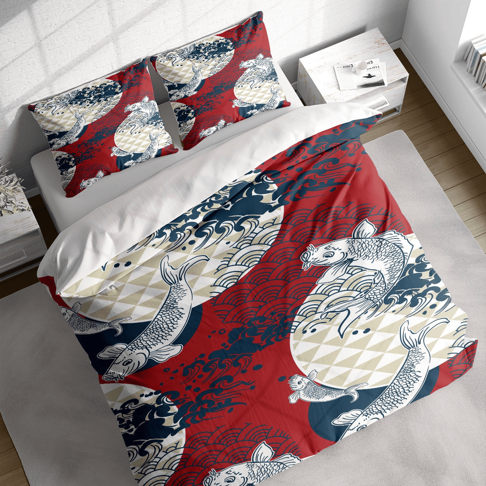Japan Bedding Set Japanese Traditional Koi Fish Art Duvet Covers Red