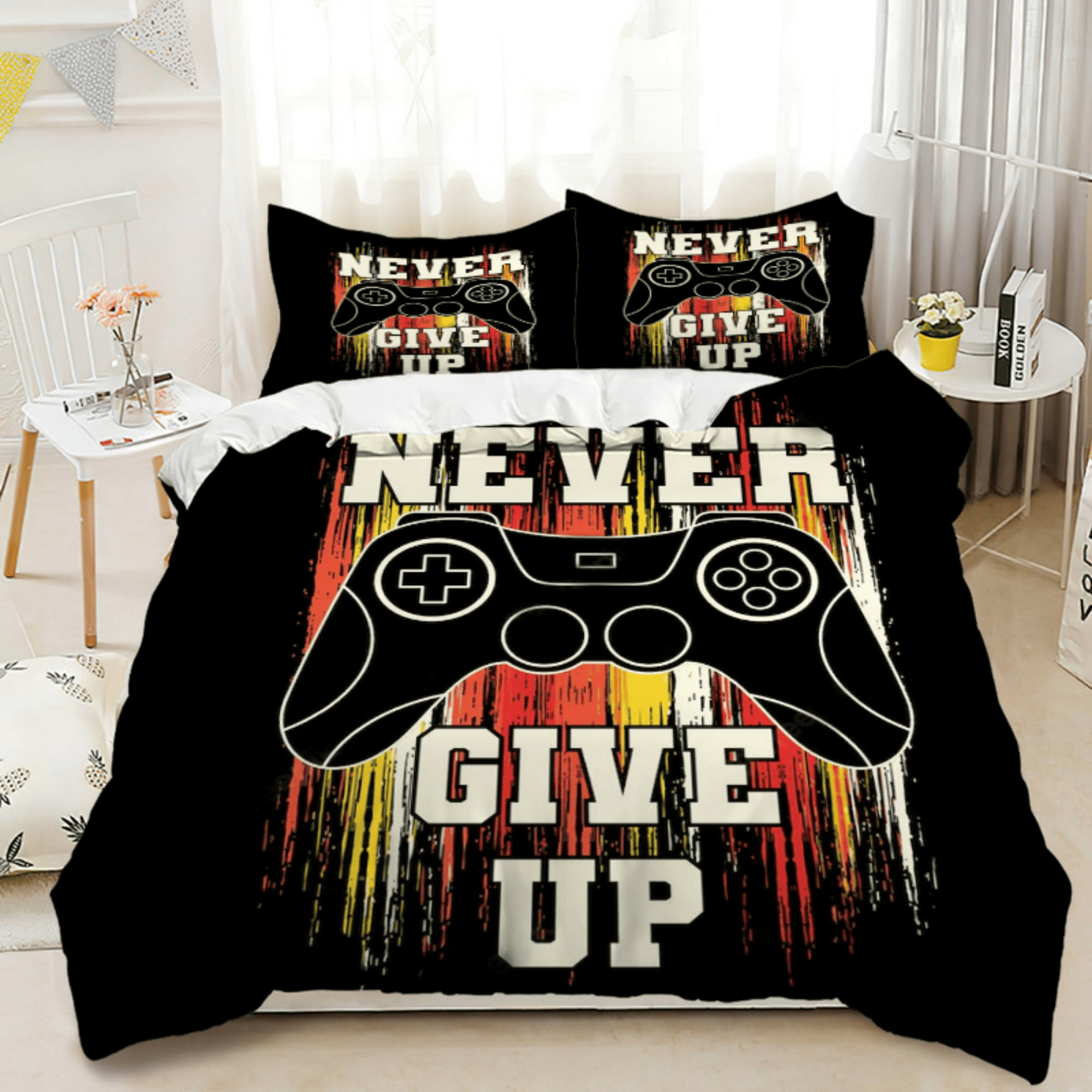 Game Bedding Set Never Give Up Game Controller Duvet Covers Black