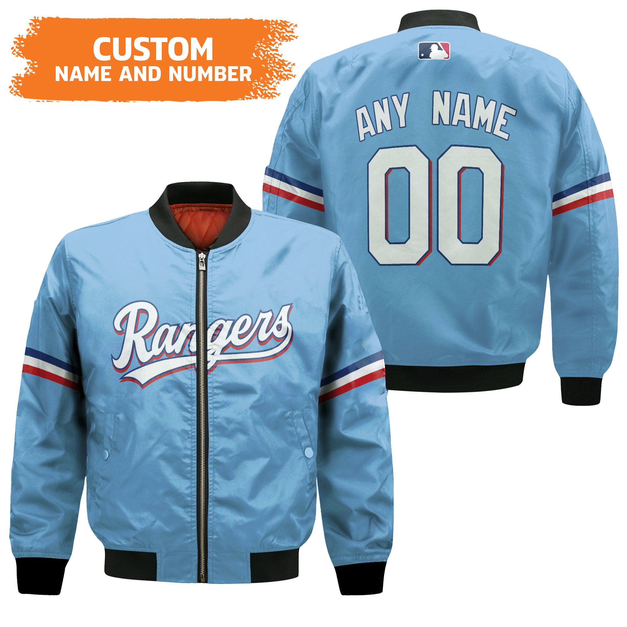 Texas Rangers Custom Name Number Light Blue Bomber Jacket