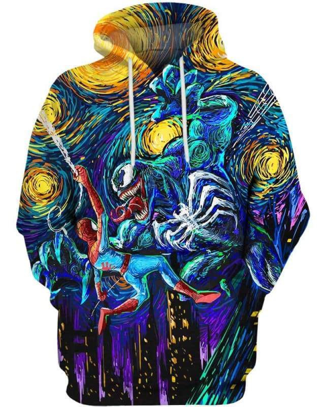 Venom Fighting Spiderman Starry Night Hoodie Zip Hoodie
