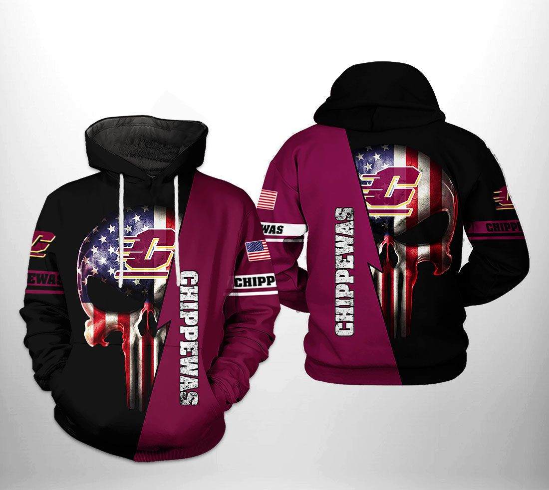 Central Michigan Chippewas US Flag Skull 3D All Over Print Hoodie & Zip Hoodie